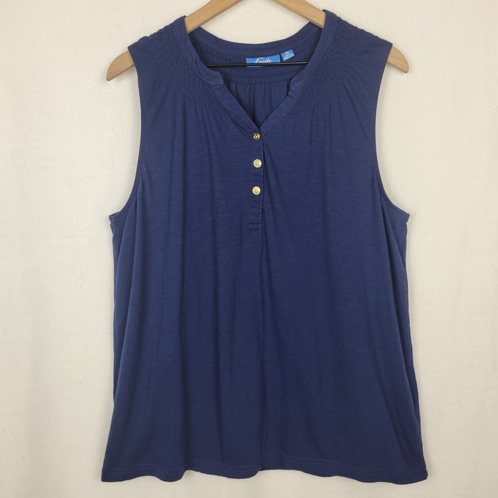Fresh Navy Tank Top 1X Blue Cotton Smocked Yoke Casual Classic